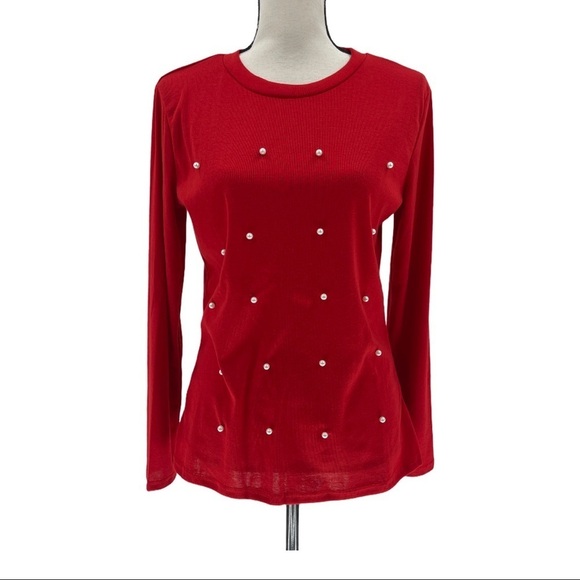 Tops - Long Sleeve Pearl Embellished Cotton Shirt Size L